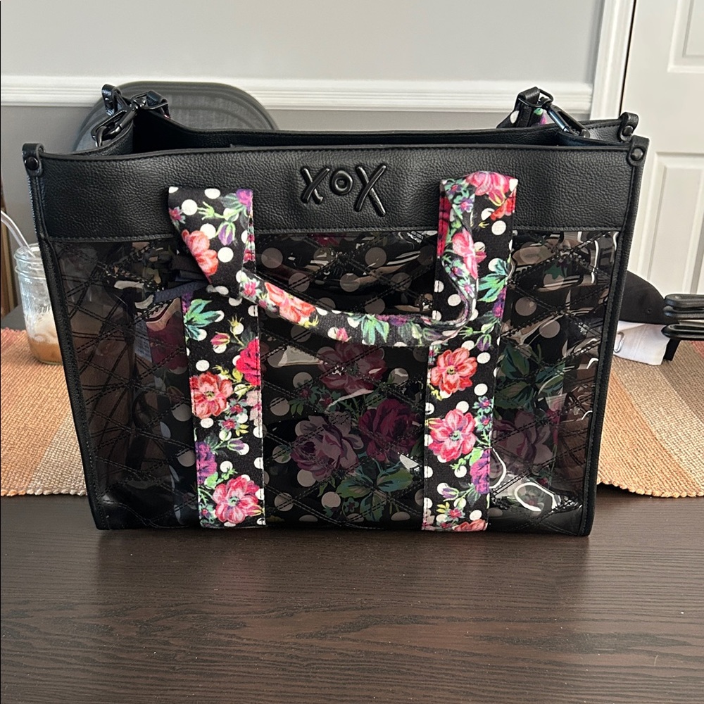 Betsey Johnson Black and Floral Tote Bag with smaller purse insert